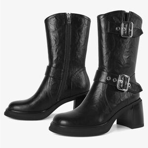 Eldof Mid Calf Boots for Women Platform Chunky Heel Booties size 6, Black